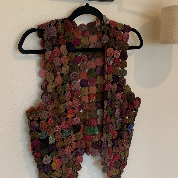 Vintage Handmade Yo-yo Brown Multicolor Boho Patchwork Vest OOAK - Picture 4 of 10